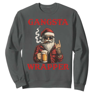 Funny Santa Drinking Beer Christmas Sweatshirt Gangster Rock On Hand Xmas - Print Your Wear