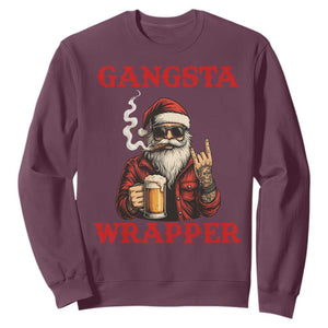 Funny Santa Drinking Beer Christmas Sweatshirt Gangster Rock On Hand Xmas - Print Your Wear