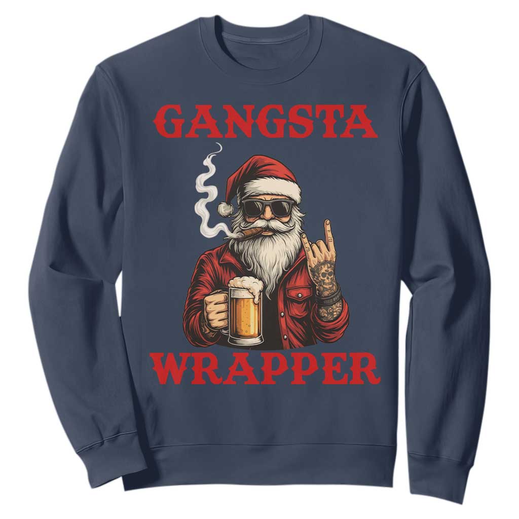 Funny Santa Drinking Beer Christmas Sweatshirt Gangster Rock On Hand Xmas TS14 Navy Print Your Wear