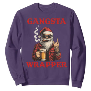 Funny Santa Drinking Beer Christmas Sweatshirt Gangster Rock On Hand Xmas - Print Your Wear
