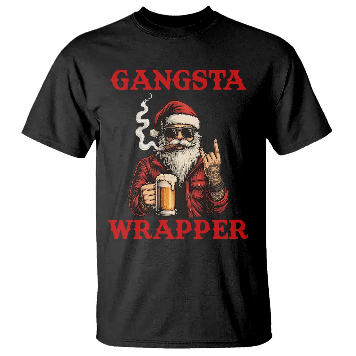 Funny Santa Drinking Beer Christmas T Shirt Gangster Rock On Hand Xmas - Print Your Wear