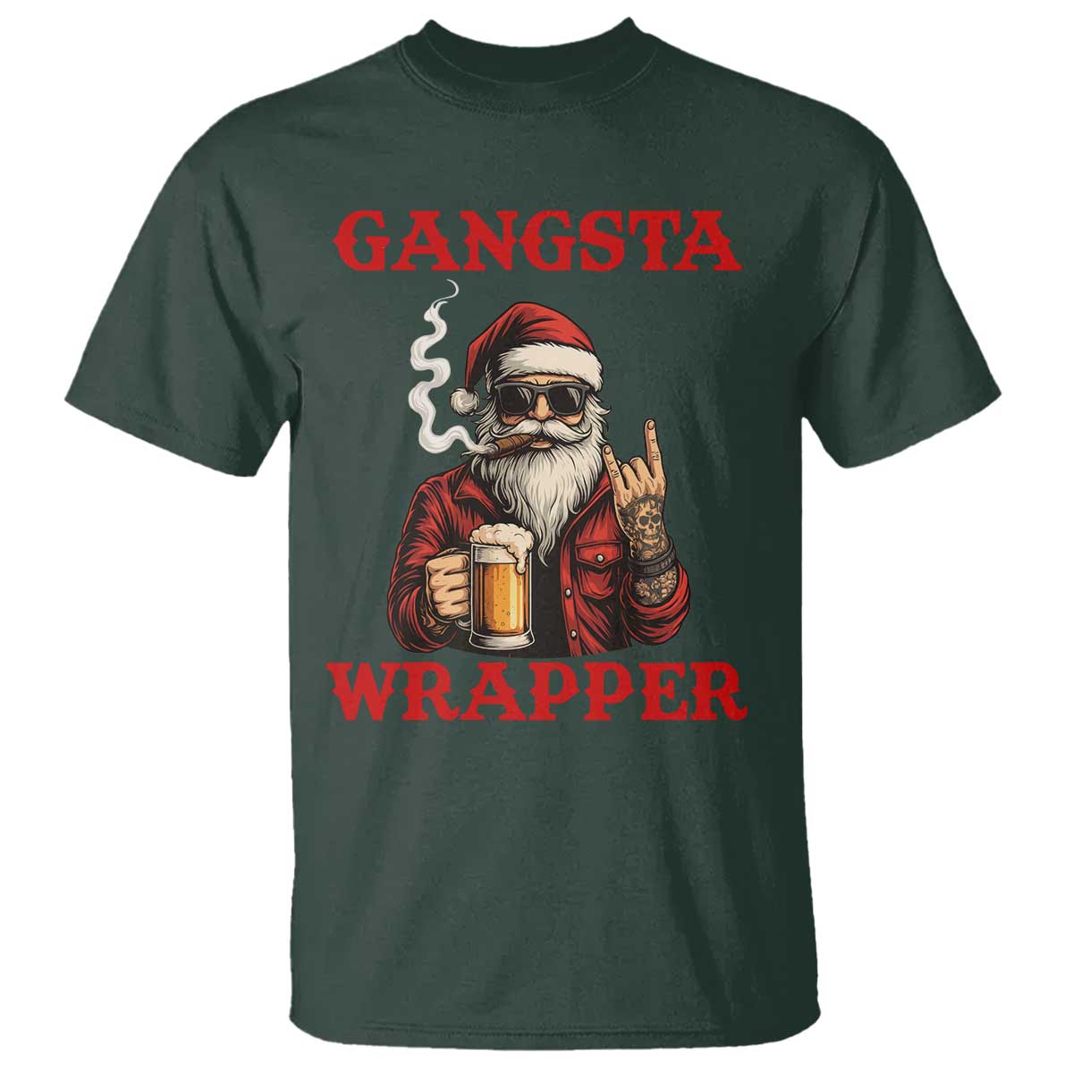 Funny Santa Drinking Beer Christmas T Shirt Gangster Rock On Hand Xmas TS14 Dark Forest Green Print Your Wear
