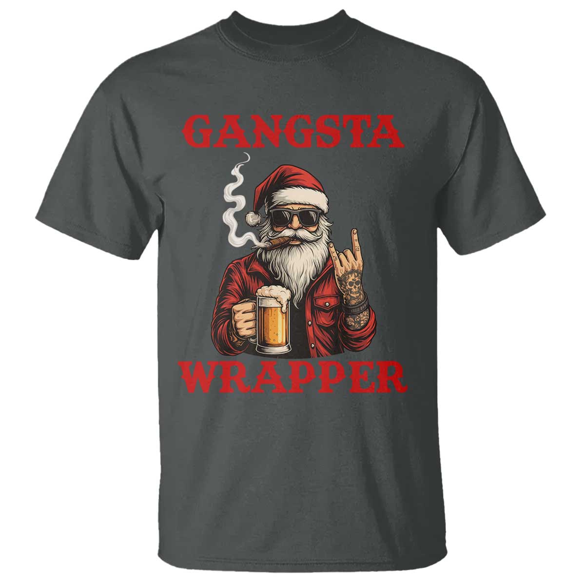 Funny Santa Drinking Beer Christmas T Shirt Gangster Rock On Hand Xmas TS14 Dark Heather Print Your Wear