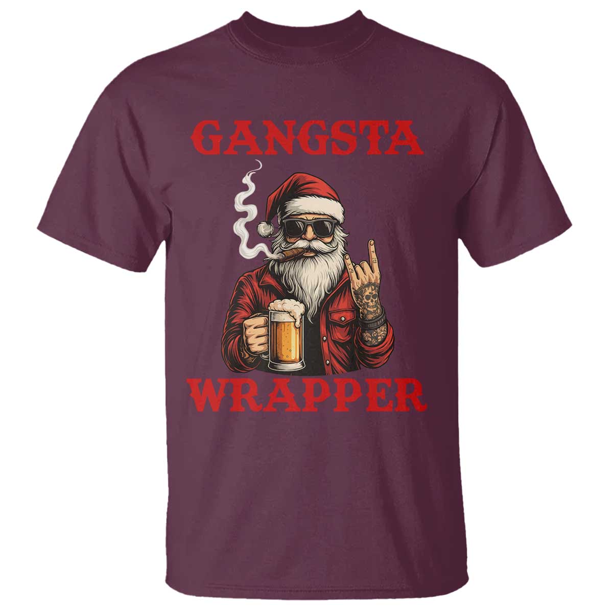Funny Santa Drinking Beer Christmas T Shirt Gangster Rock On Hand Xmas TS14 Maroon Print Your Wear