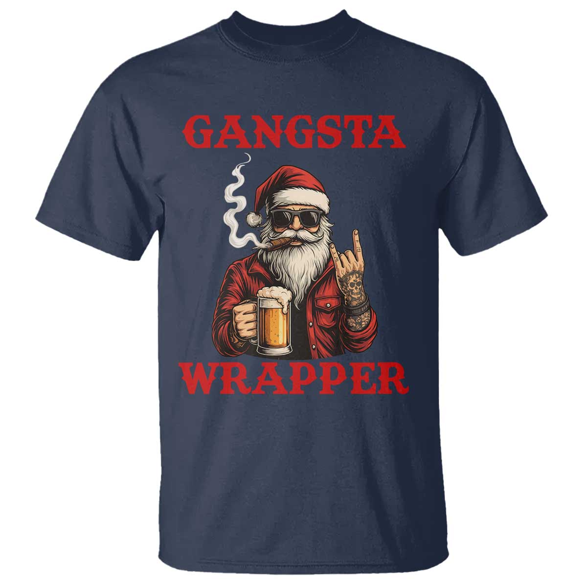 Funny Santa Drinking Beer Christmas T Shirt Gangster Rock On Hand Xmas TS14 Navy Print Your Wear