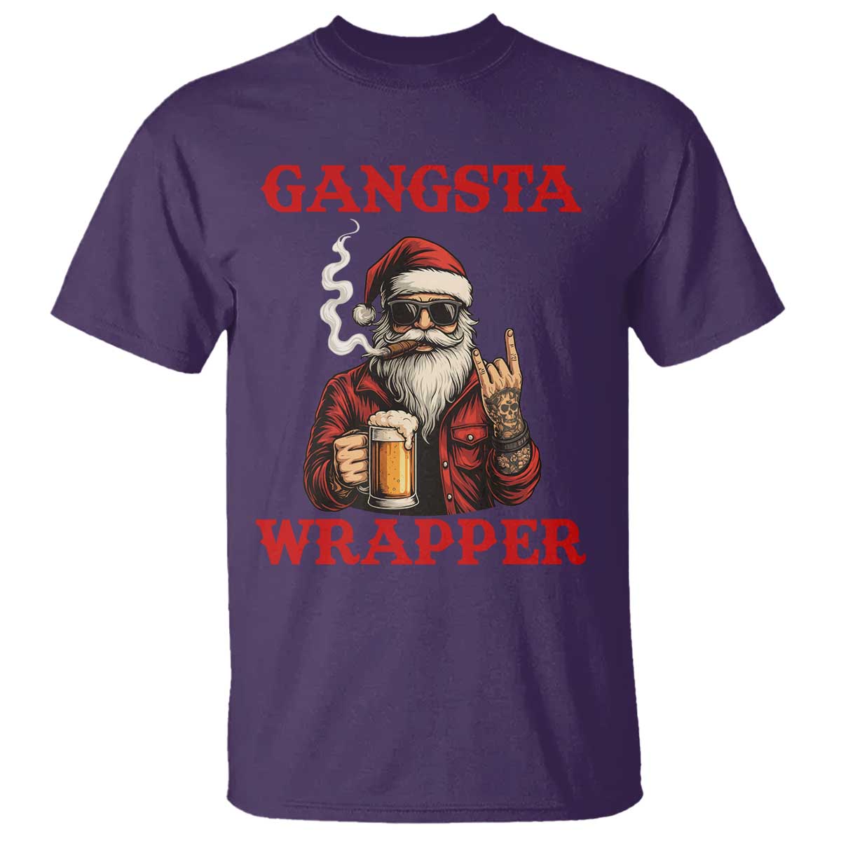 Funny Santa Drinking Beer Christmas T Shirt Gangster Rock On Hand Xmas TS14 Purple Print Your Wear