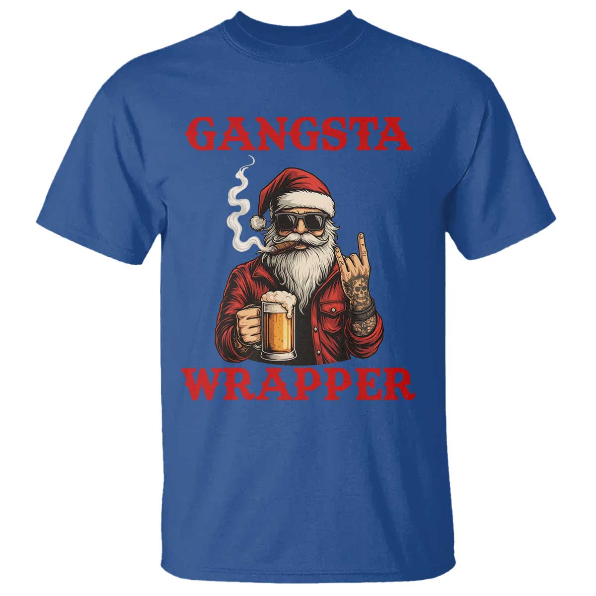 Funny Santa Drinking Beer Christmas T Shirt Gangster Rock On Hand Xmas TS14 Royal Blue Print Your Wear