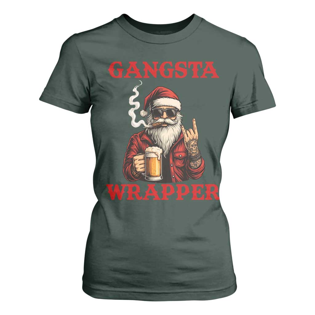 Funny Santa Drinking Beer Christmas T Shirt For Women Gangster Rock On Hand Xmas TS14 Dark Forest Green Print Your Wear