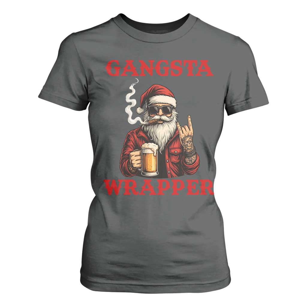 Funny Santa Drinking Beer Christmas T Shirt For Women Gangster Rock On Hand Xmas TS14 Dark Heather Print Your Wear