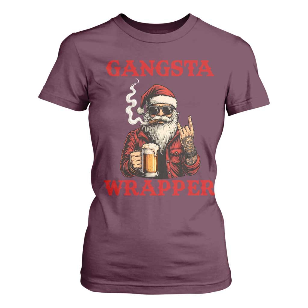 Funny Santa Drinking Beer Christmas T Shirt For Women Gangster Rock On Hand Xmas TS14 Maroon Print Your Wear