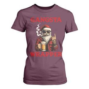 Funny Santa Drinking Beer Christmas T Shirt For Women Gangster Rock On Hand Xmas - Print Your Wear