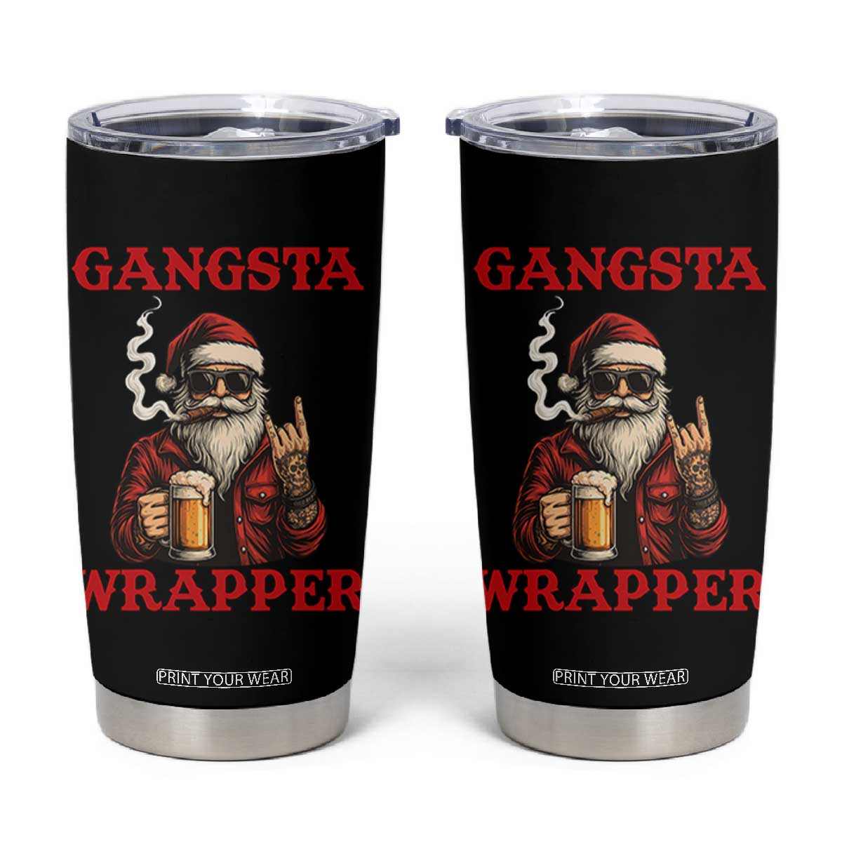 Funny Santa Drinking Beer Christmas Tumbler Cup Gangster Rock On Hand Xmas TS14 Black Print Your Wear