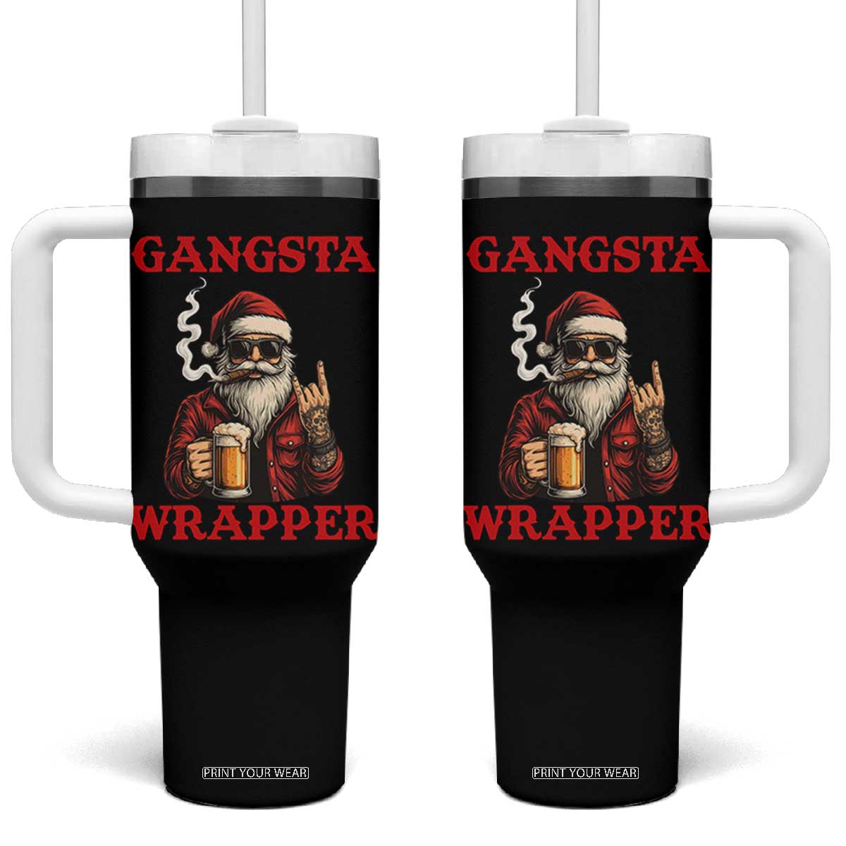 Funny Santa Drinking Beer Christmas Tumbler With Handle Gangster Rock On Hand Xmas - Print Your Wear