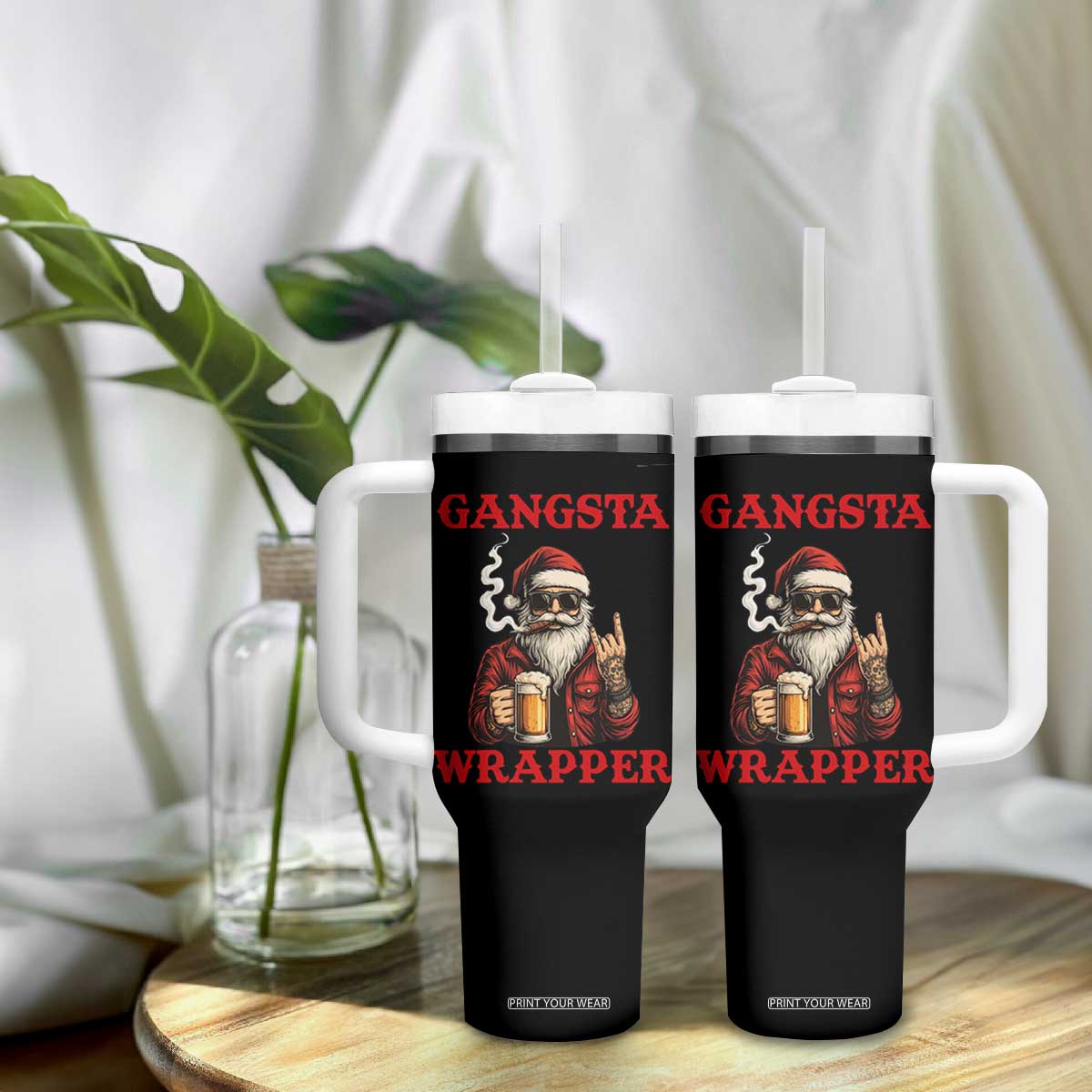 Funny Santa Drinking Beer Christmas Tumbler With Handle Gangster Rock On Hand Xmas TS14 Print Your Wear