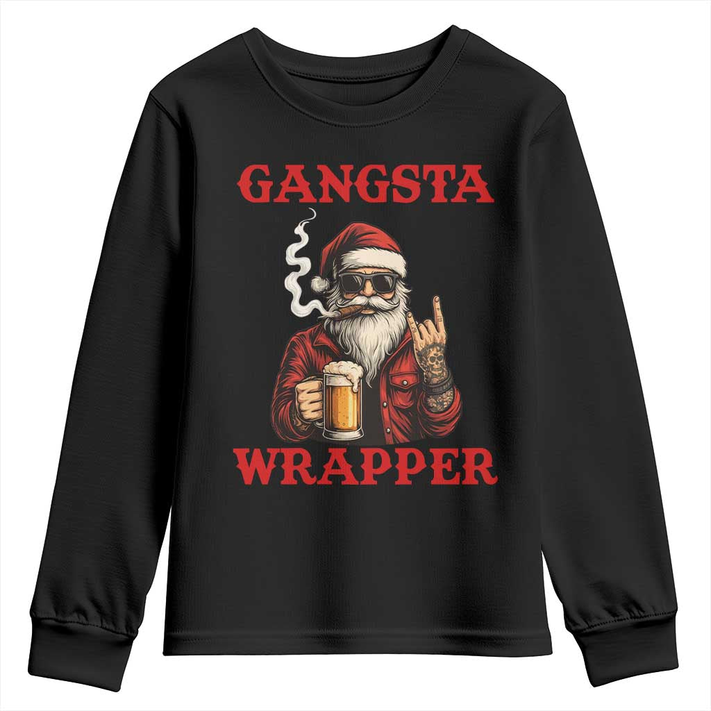 Funny Santa Drinking Beer Christmas Youth Sweatshirt Gangster Rock On Hand Xmas - Print Your Wear