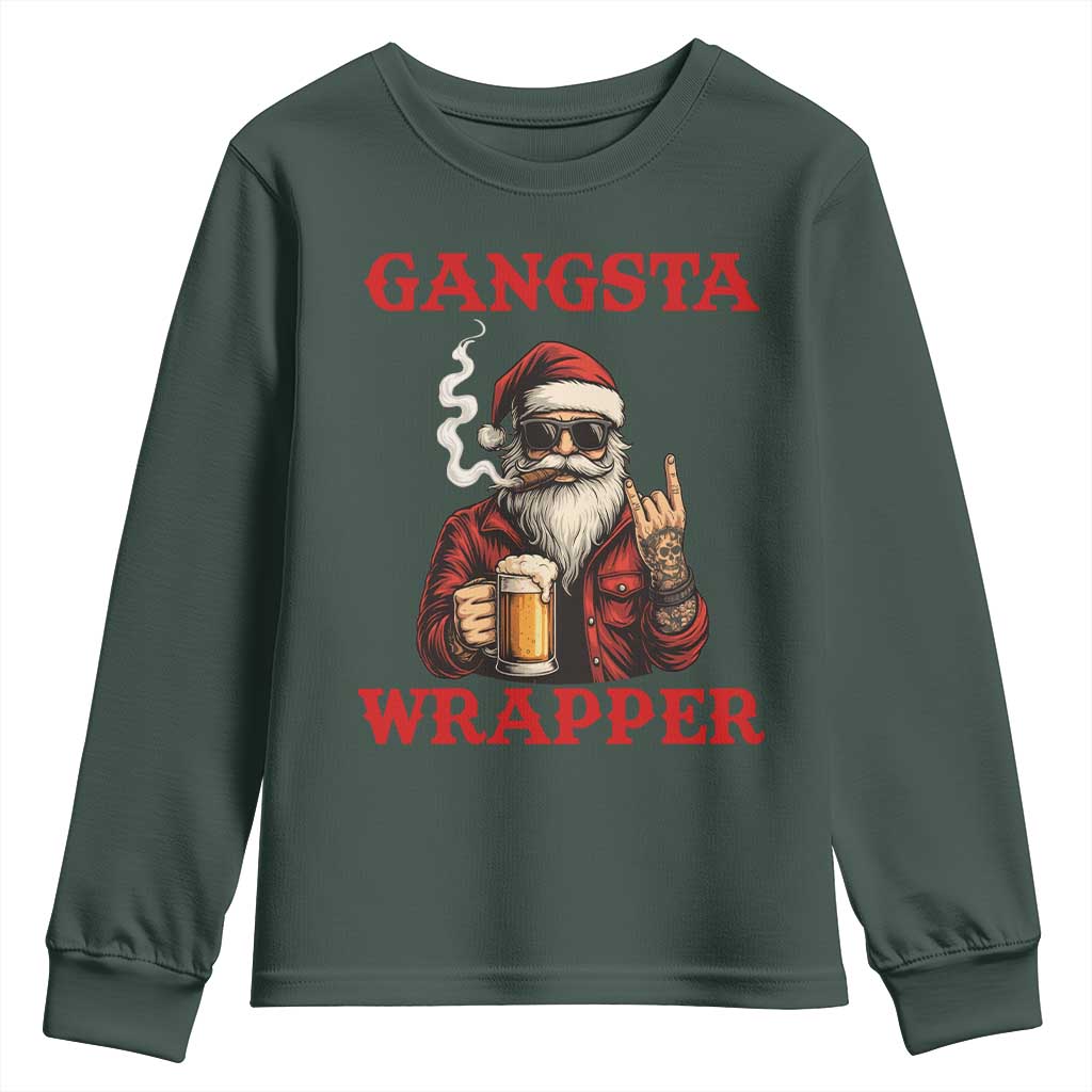 Funny Santa Drinking Beer Christmas Youth Sweatshirt Gangster Rock On Hand Xmas TS14 Dark Forest Green Print Your Wear