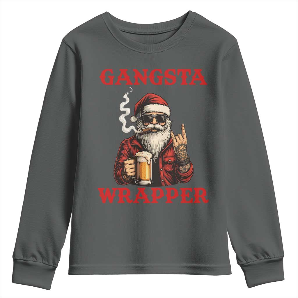Funny Santa Drinking Beer Christmas Youth Sweatshirt Gangster Rock On Hand Xmas TS14 Dark Heather Print Your Wear