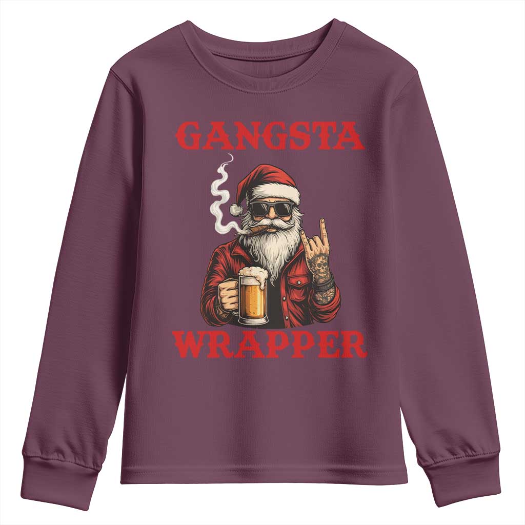 Funny Santa Drinking Beer Christmas Youth Sweatshirt Gangster Rock On Hand Xmas TS14 Maroon Print Your Wear