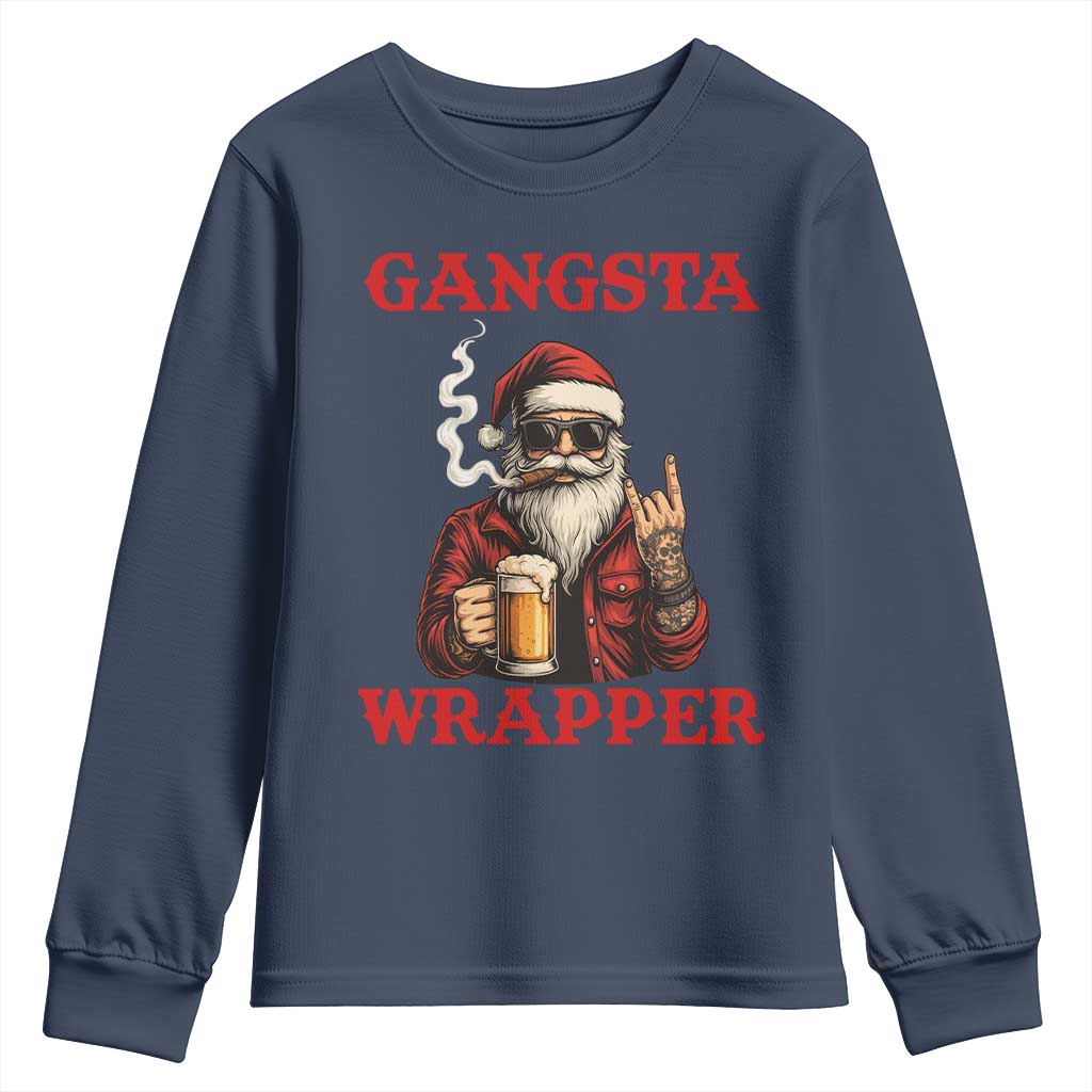 Funny Santa Drinking Beer Christmas Youth Sweatshirt Gangster Rock On Hand Xmas TS14 Navy Print Your Wear