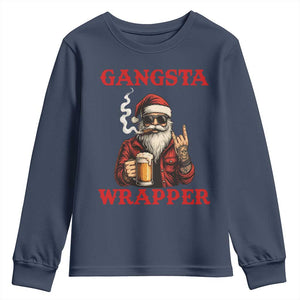 Funny Santa Drinking Beer Christmas Youth Sweatshirt Gangster Rock On Hand Xmas - Print Your Wear