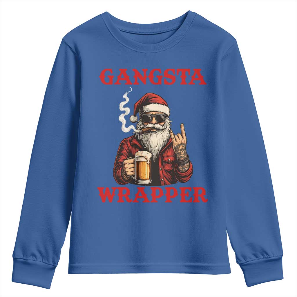 Funny Santa Drinking Beer Christmas Youth Sweatshirt Gangster Rock On Hand Xmas TS14 Royal Blue Print Your Wear