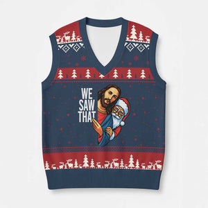 Funny Jesus Santa Meme V-Neck Knit Sweater Vest We Saw That Xmas TS14 Navy Red Print Your Wear