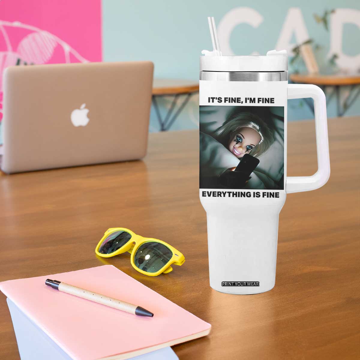 Funny Distressed Doll Face Meme Tumbler With Handle It Is Fine I Am Fine Everything Is Fine TS14 Print Your Wear