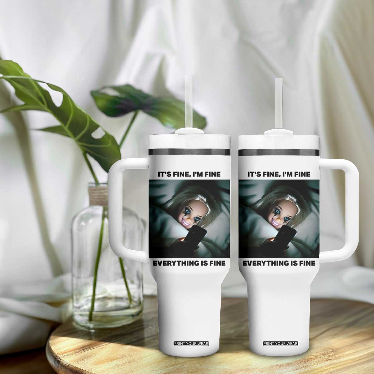 Funny Distressed Doll Face Meme Tumbler With Handle It Is Fine I Am Fine Everything Is Fine TS14 Print Your Wear