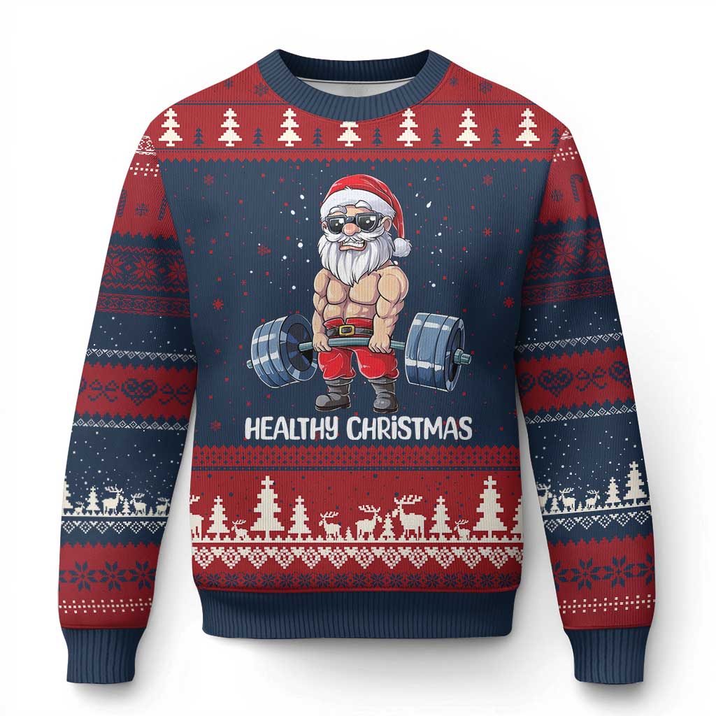 Funny Santa Gym Xmas Ugly Christmas Sweater Healthy Xmas TS14 Navy Red Print Your Wear