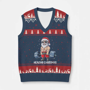 Funny Santa Gym Xmas V-Neck Knit Sweater Vest Healthy Xmas TS14 Navy Red Print Your Wear