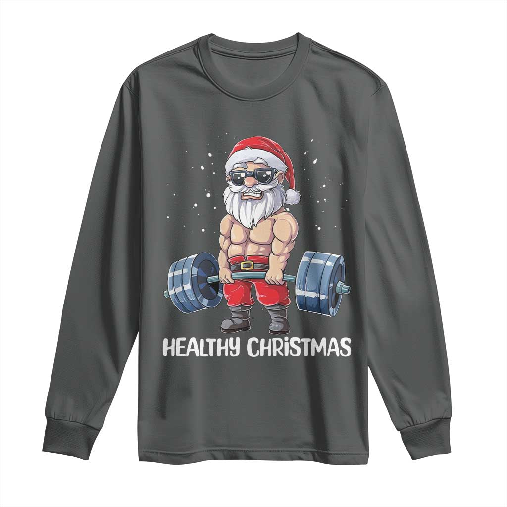 Funny Santa Gym Xmas Long Sleeve Shirt Healthy Christmas TS14 Dark Heather Print Your Wear