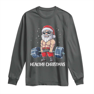 Funny Santa Gym Xmas Long Sleeve Shirt Healthy Christmas TS14 Dark Heather Print Your Wear