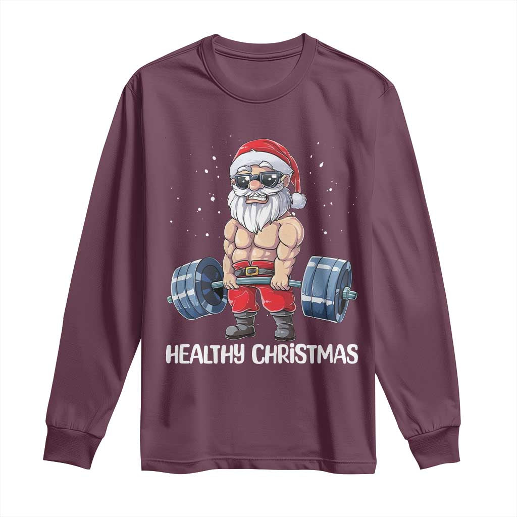 Funny Santa Gym Xmas Long Sleeve Shirt Healthy Christmas TS14 Maroon Print Your Wear