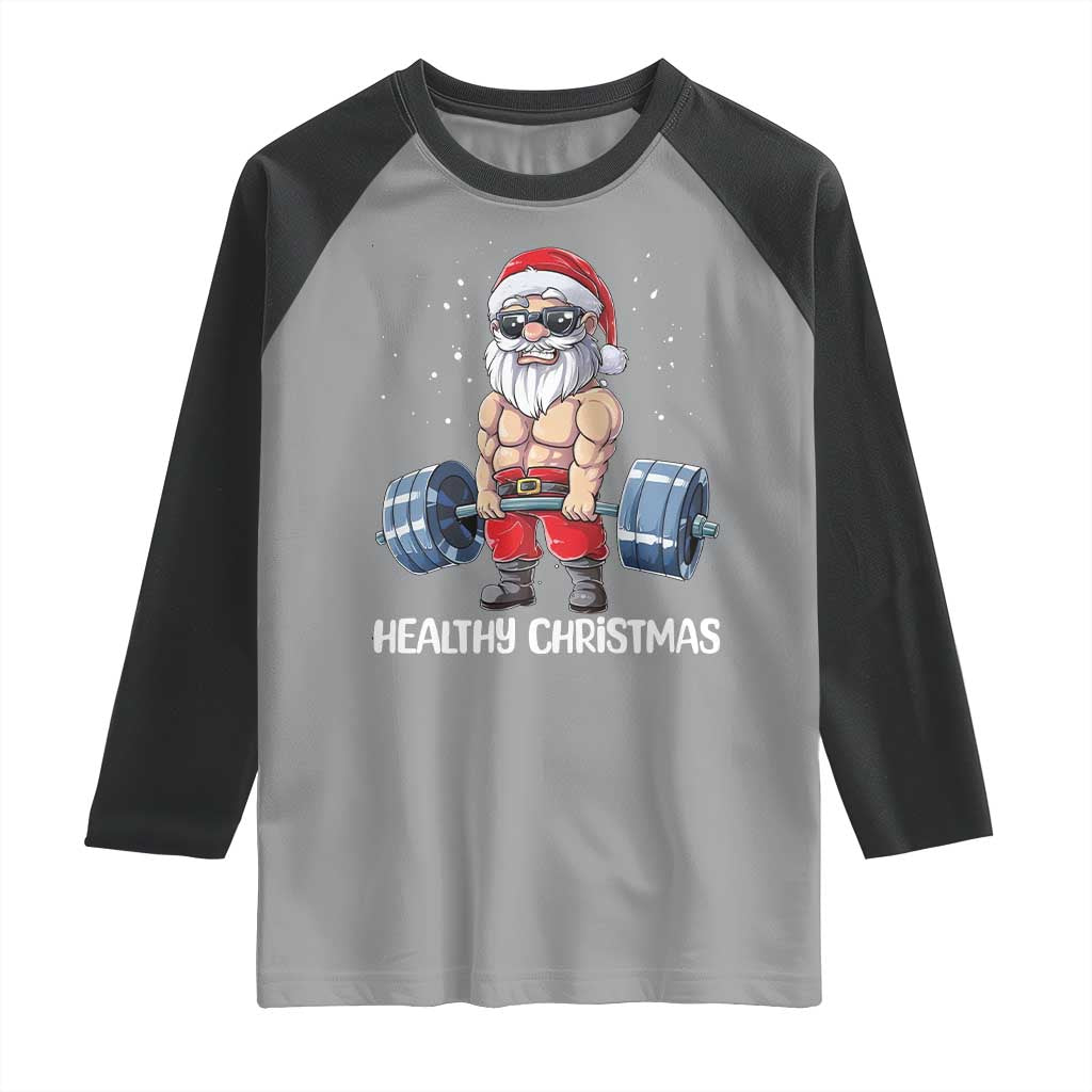 Funny Santa Gym Xmas Raglan Shirt Healthy Christmas TS14 Sport Gray Black Print Your Wear