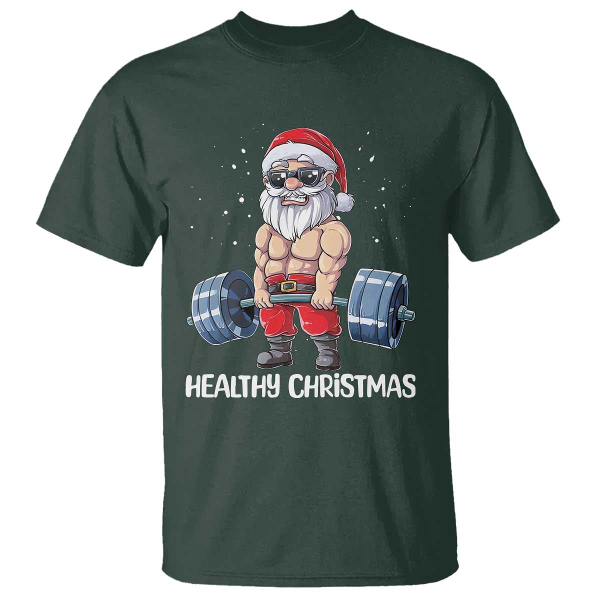 Funny Santa Gym Xmas T Shirt Healthy Christmas TS14 Dark Forest Green Print Your Wear