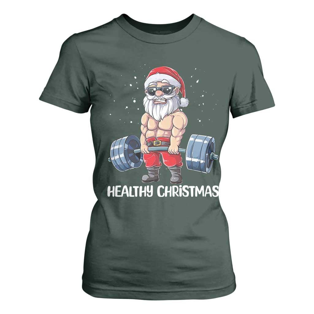 Funny Santa Gym Xmas T Shirt For Women Healthy Christmas TS14 Dark Forest Green Print Your Wear