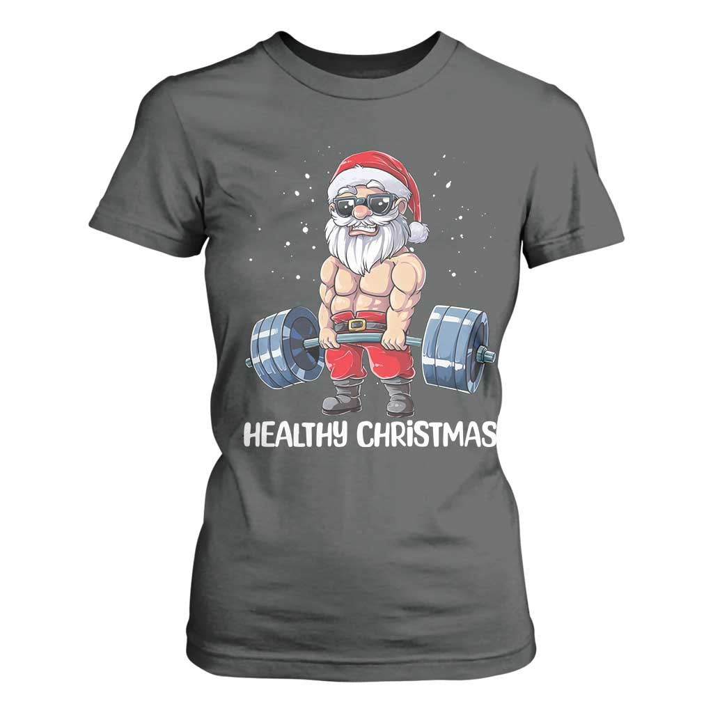 Funny Santa Gym Xmas T Shirt For Women Healthy Christmas TS14 Dark Heather Print Your Wear