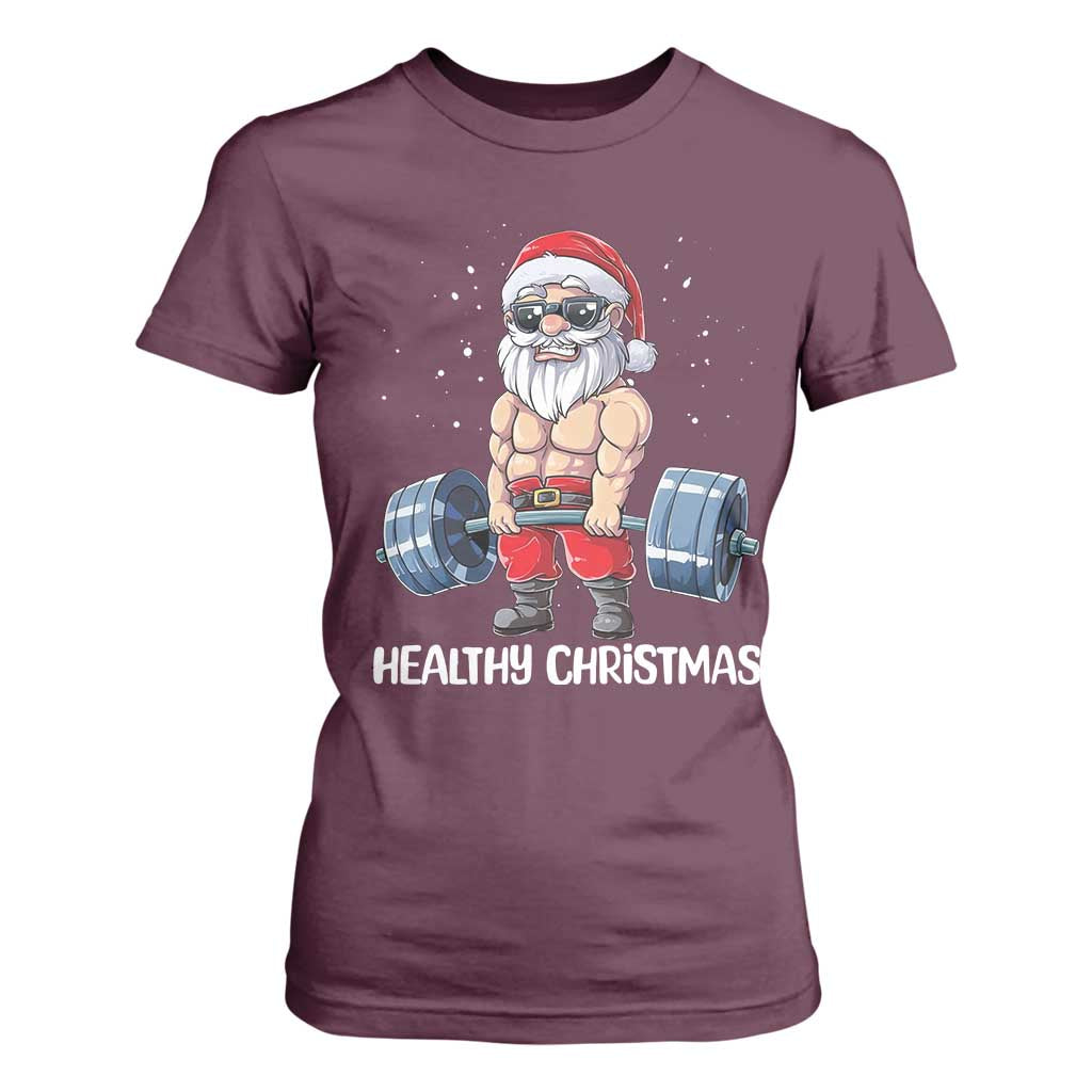 Funny Santa Gym Xmas T Shirt For Women Healthy Christmas TS14 Maroon Print Your Wear
