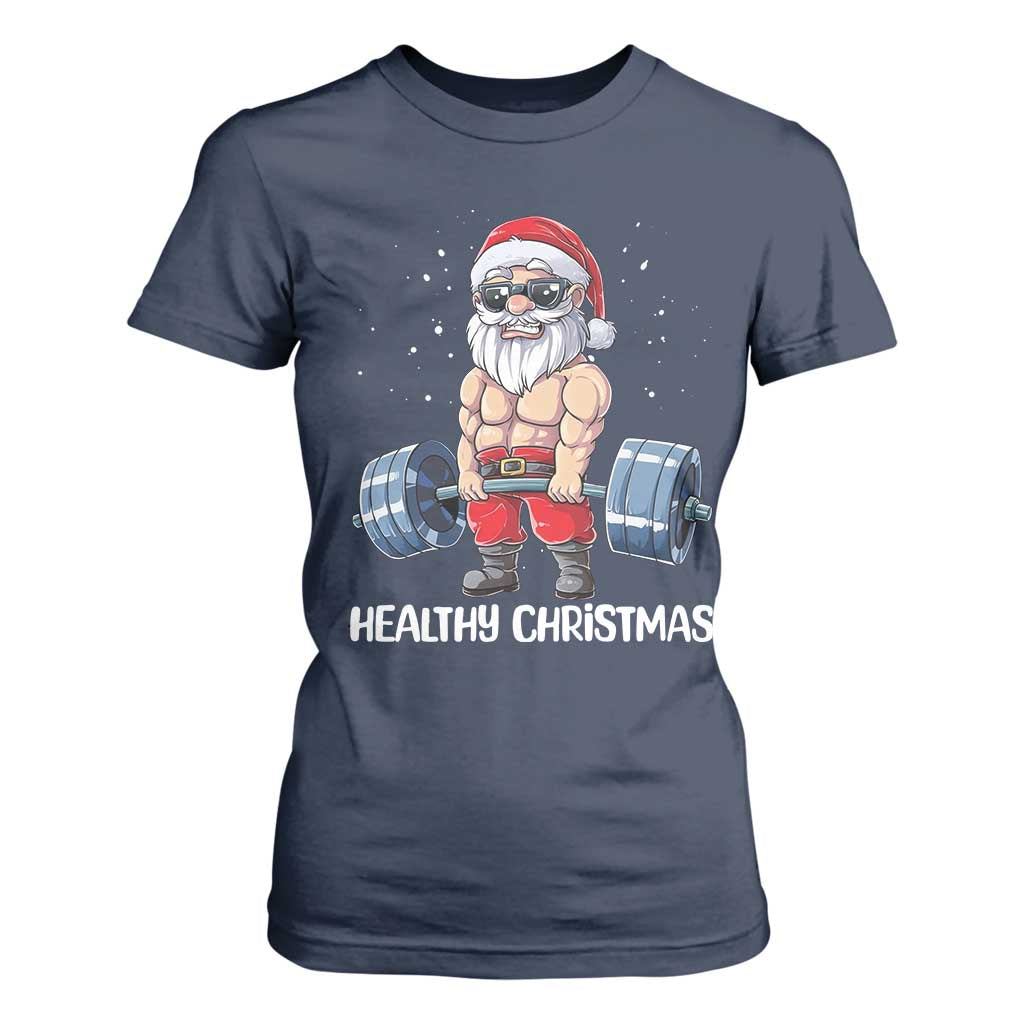 Funny Santa Gym Xmas T Shirt For Women Healthy Christmas TS14 Navy Print Your Wear