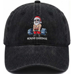 Funny Santa Gym Xmas Washed Cotton Baseball Cap Healthy Christmas TS14 Washed Cap Universal Fit Black Print Your Wear