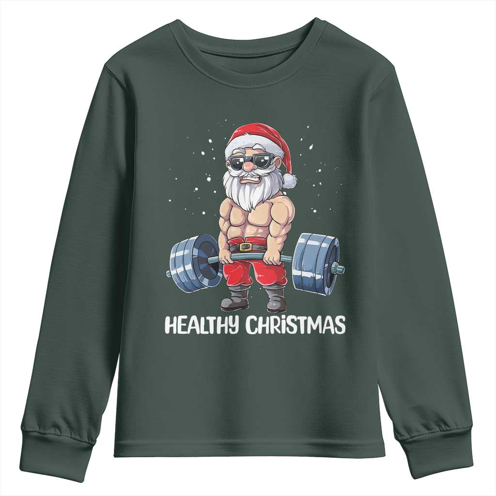 Funny Santa Gym Xmas Youth Sweatshirt Healthy Christmas TS14 Dark Forest Green Print Your Wear