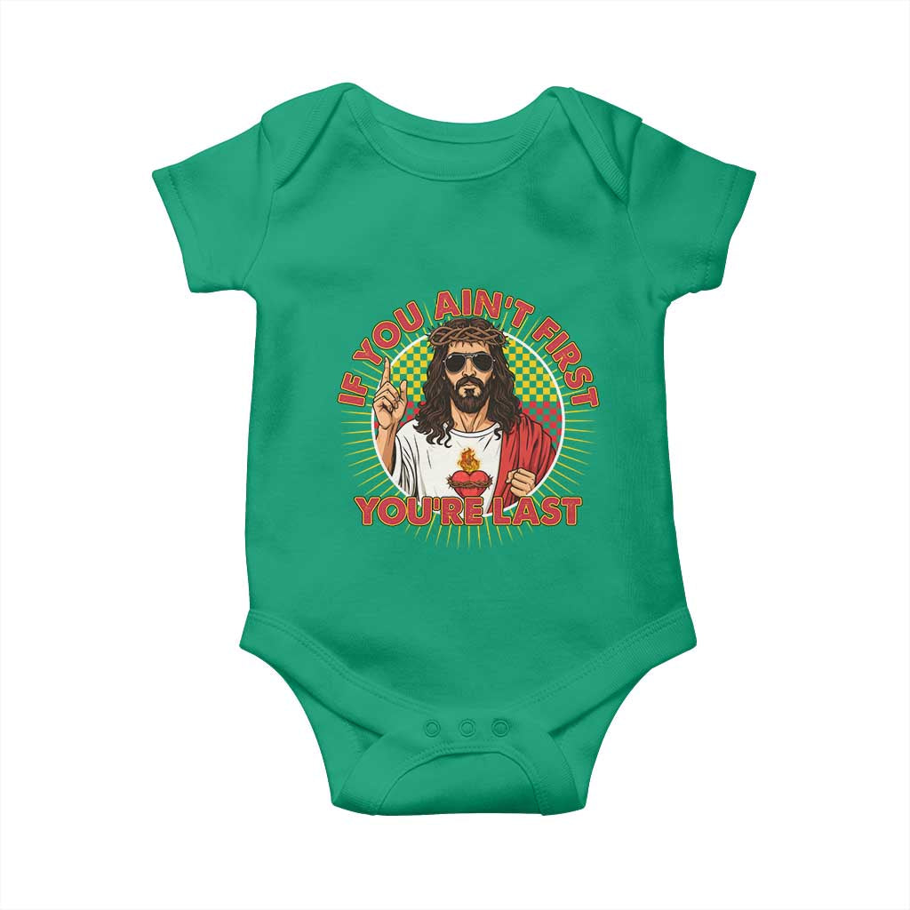 Funny Jesus Racing Baby Onesie If You Are Not First You Are Last TS14 Irish Green Print Your Wear