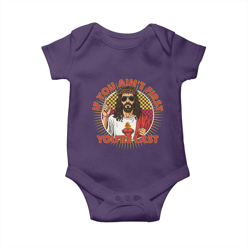 Funny Jesus Racing Baby Onesie If You Are Not First You Are Last TS14 Purple Print Your Wear