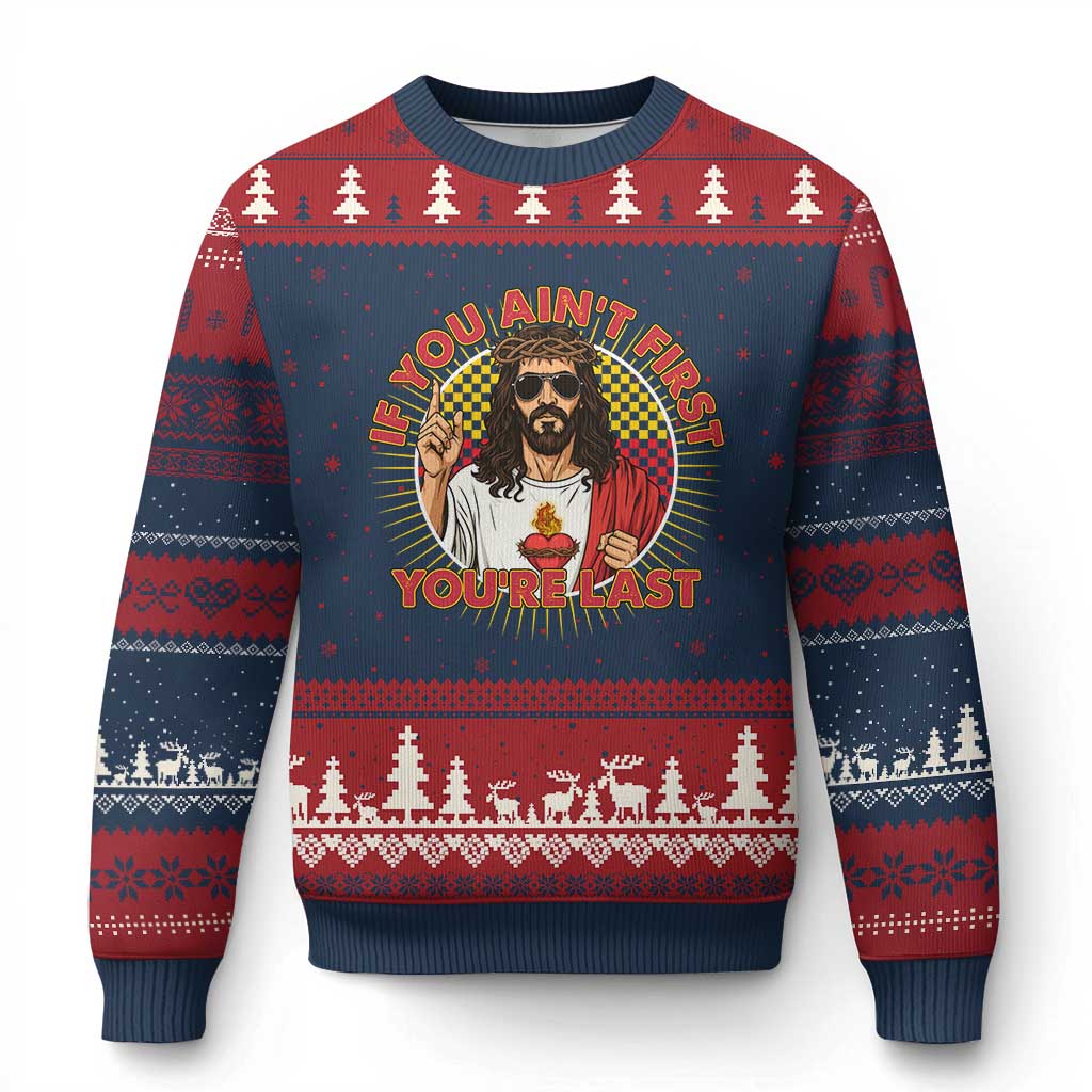 Funny Jesus Racing Ugly Christmas Sweater If You Are Not First You Are Last TS14 Navy Red Print Your Wear