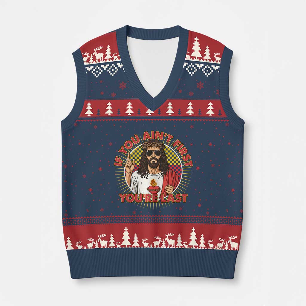 Funny Jesus Racing V-Neck Knit Sweater Vest If You Are Not First You Are Last TS14 Navy Red Print Your Wear