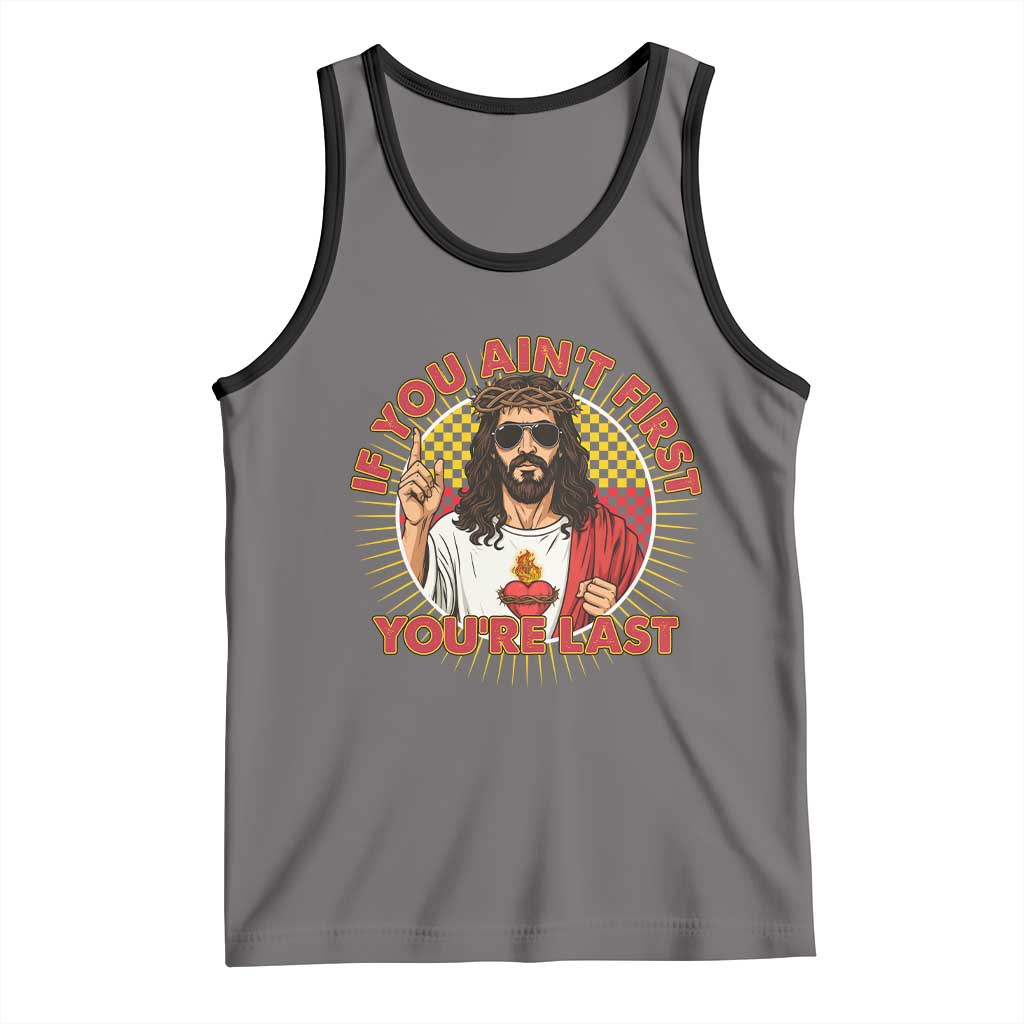 Funny Jesus Racing Tank Top If You Are Not First You Are Last TS14 Deep Heather Black Print Your Wear