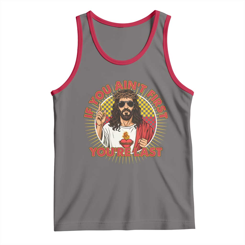 Funny Jesus Racing Tank Top If You Are Not First You Are Last TS14 Deep Heather Red Print Your Wear