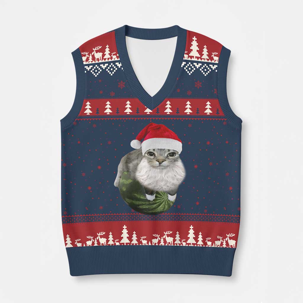 Watermelon Cat Xmas V-Neck Knit Sweater Vest Funny Silly Kitten Meme TS14 Navy Red Print Your Wear