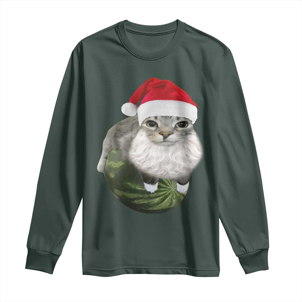 Watermelon Cat Christmas Long Sleeve Shirt Funny Silly Kitten Meme TS14 Dark Forest Green Print Your Wear