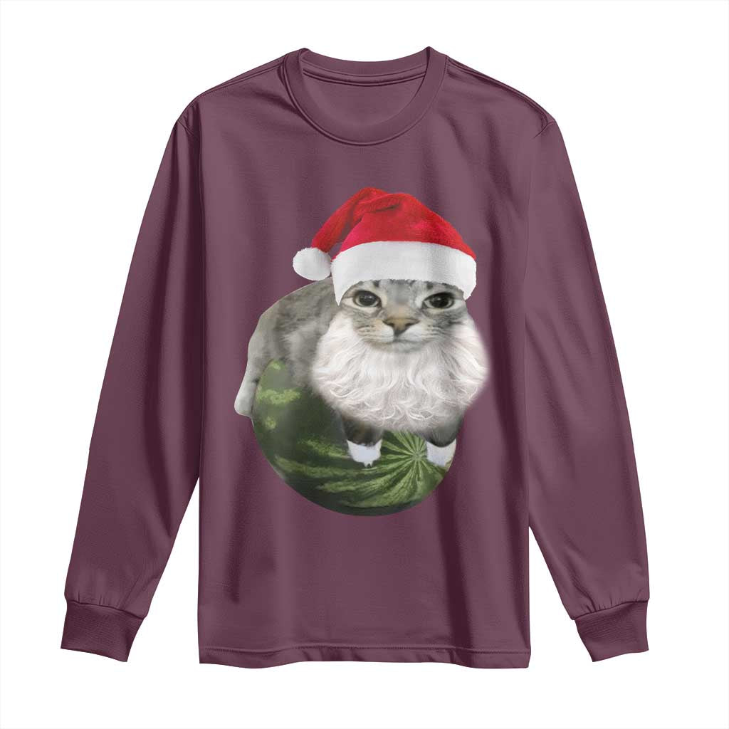 Watermelon Cat Christmas Long Sleeve Shirt Funny Silly Kitten Meme TS14 Maroon Print Your Wear